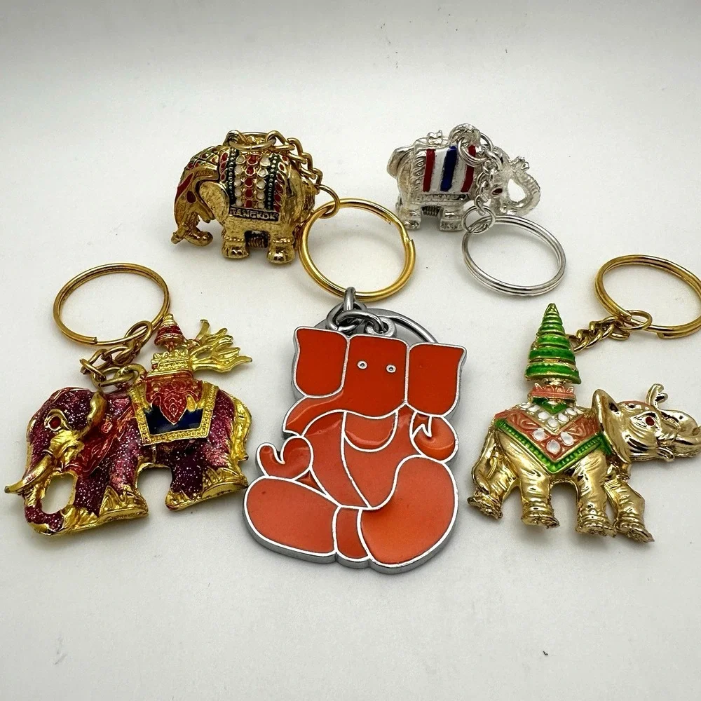 Elephant‎ Keychain  Lot of 5 Enamel Gold Tone  Silver 2 hinged Thailand Bangkok